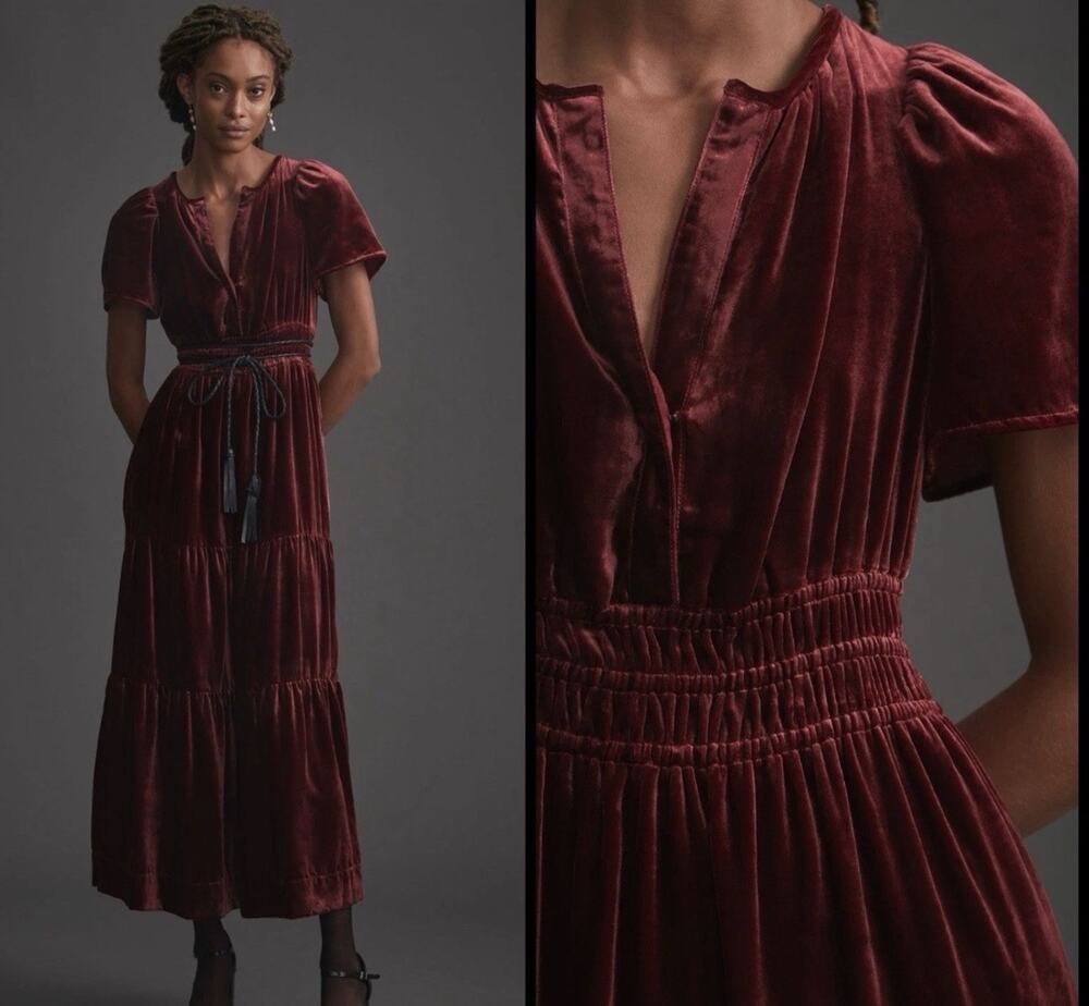 NWT Anthropologie Somerset Maxi Women Dress Velvet Edition Wine Size M - Picture 1 of 10